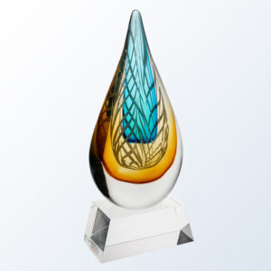 Crystal teardrop trophy with blue and gold swirls on a clear base, ideal for corporate or employee achievement recognition.