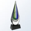 Crystal teardrop award with blue and green swirl design on black base, ideal for corporate or employee recognition.