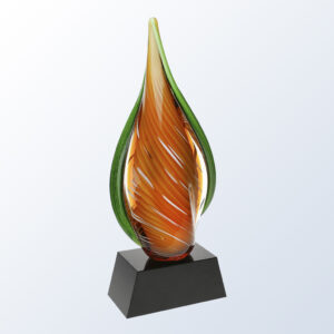 Crystal flame trophy with orange swirls and green highlights on black base, ideal for corporate recognition or milestone awards.