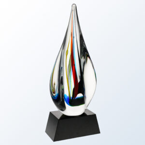 Teardrop crystal award with colorful swirling stripes on black base, ideal for corporate or employee recognition.