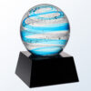 Crystal sphere trophy with blue and white swirls on a black base, ideal for corporate recognition or employee achievement.