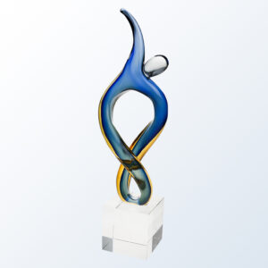 Blue and gold crystal trophy, abstract dancing figure shape on clear base, ideal for employee recognition awards.