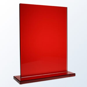 Red crystal plaque award on base, ideal for corporate recognition or employee achievement, modern acrylic design.