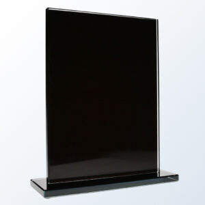 Crystal award plaque with black acrylic face and clear glass base, ideal for corporate or employee recognition.