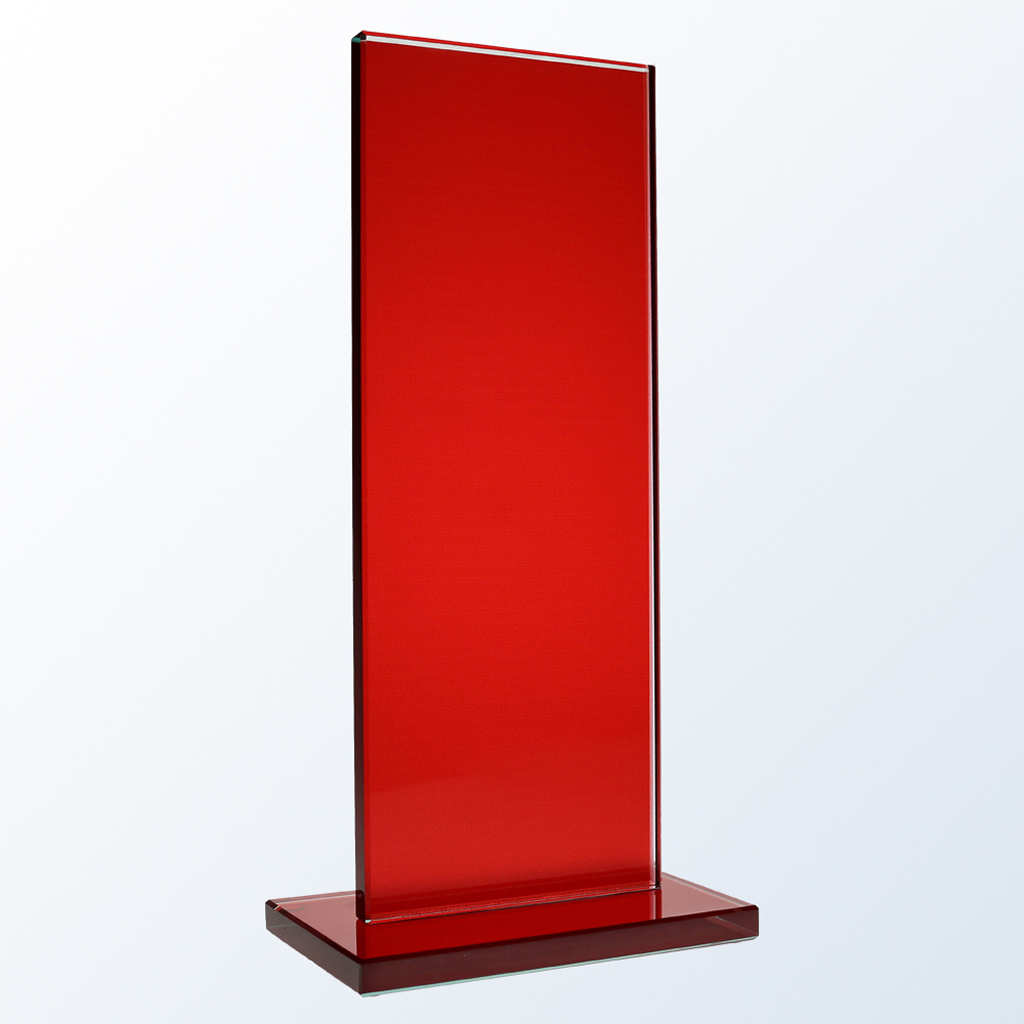 Red crystal plaque award with rectangular design on a matching base, ideal for corporate or employee recognition.