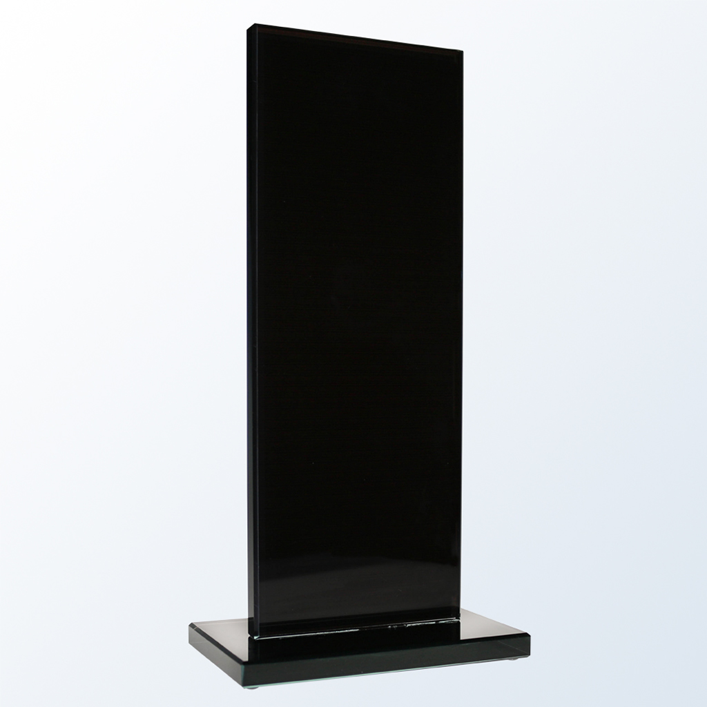 Black crystal plaque trophy with glossy finish on base, ideal for corporate awards or employee recognition.