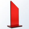 Red crystal trophy with a slanted top edge on a clear base, ideal for corporate or employee achievement recognition.