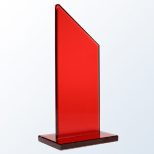Red crystal trophy with a slanted top edge on a clear base, ideal for corporate or employee achievement recognition.