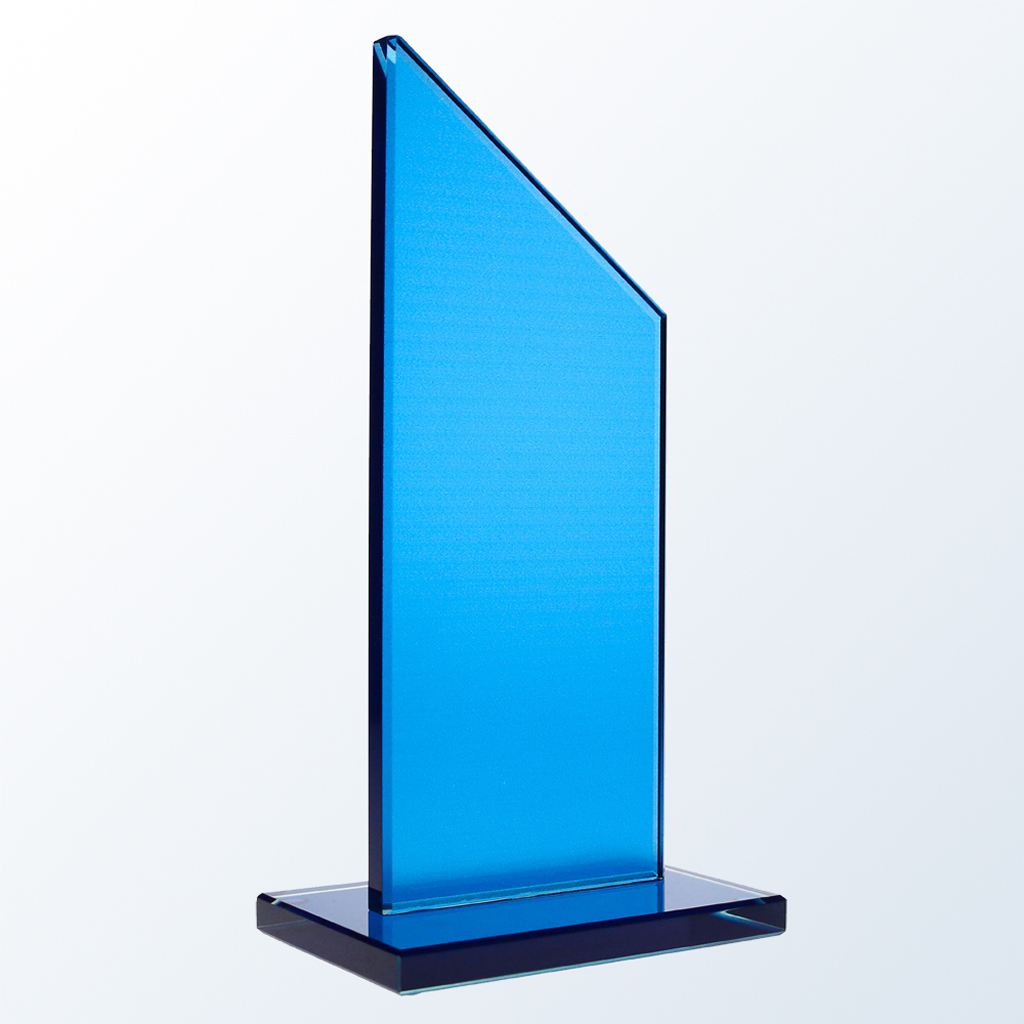 Crystal trophy with modern angular design on rectangular base, ideal for corporate or employee achievement recognition.