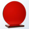 Red crystal acrylic plaque trophy with circular design on rectangular base, suitable for corporate or employee recognition.