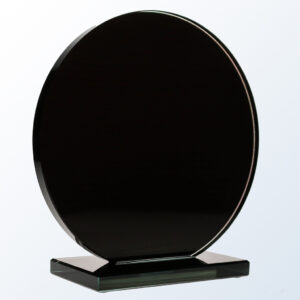 Black crystal trophy with round top and rectangular base, ideal for corporate or employee achievement recognition.