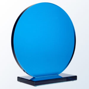 Blue circular crystal trophy on a rectangular base, ideal for corporate recognition or employee achievement awards.