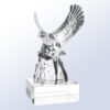Crystal eagle trophy on glass pedestal, ideal for corporate recognition or achievement awards.