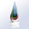 Blue and green art glass teardrop crystal trophy on clear base, ideal for corporate or employee achievement recognition.