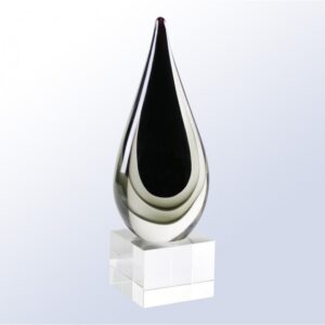 Crystal teardrop trophy with dark center on clear glass base, ideal for corporate achievement or milestone awards.