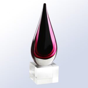 Teardrop-shaped crystal trophy with red and black accents on a clear glass base, ideal for corporate recognition awards.