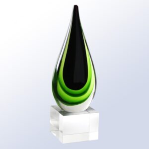 Crystal teardrop award with green and black layers on clear base, ideal for corporate recognition or milestone achievements.