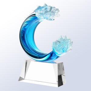 Crystal wave trophy of hand-blown blue and clear glass on faceted base, ideal for corporate recognition or milestone awards.