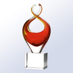 Crystal trophy with red and yellow twisted ribbon design on clear rectangular base, ideal for corporate or achievement awards.