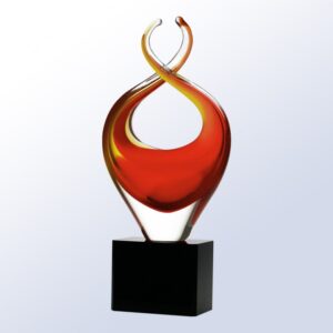 Crystal trophy with red and yellow swirls, abstract curved design on black base, ideal for corporate achievement recognition.