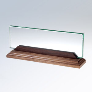 Crystal plaque with rectangular glass on walnut base, ideal for corporate or employee recognition awards.