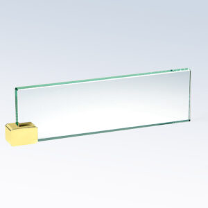 Rectangular crystal plaque with brass holder, ideal for corporate recognition or employee achievement awards.