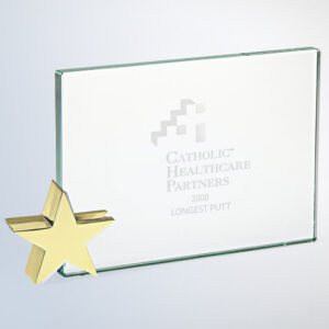 Crystal star plaque with gold brass accent, etched for "Catholic Healthcare Partners 2008 Longest Putt" recognition.
