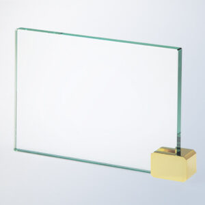 Crystal plaque award on a gold base, ideal for corporate or employee recognition, upright on a light background.