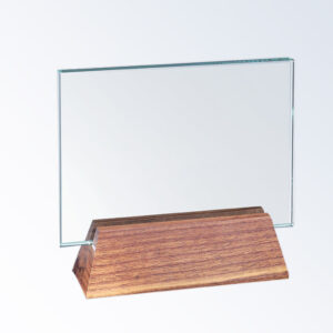 Crystal rectangle plaque on a slanted walnut base, ideal for corporate or employee recognition and custom engraving.