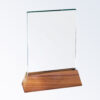Crystal rectangle trophy with slanted walnut base, ideal for corporate recognition or employee achievement awards.