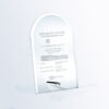 Crystal arch award with aluminum pole, engraved for corporate lease milestone recognition, includes ownership and broker details.