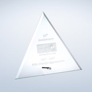Crystal triangle award with aluminum base, engraved for United Way 50th Anniversary milestone recognition, 1957–2007.