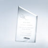 Crystal plaque with beveled edges and slanted top on aluminum pole, for corporate quality assurance recognition.