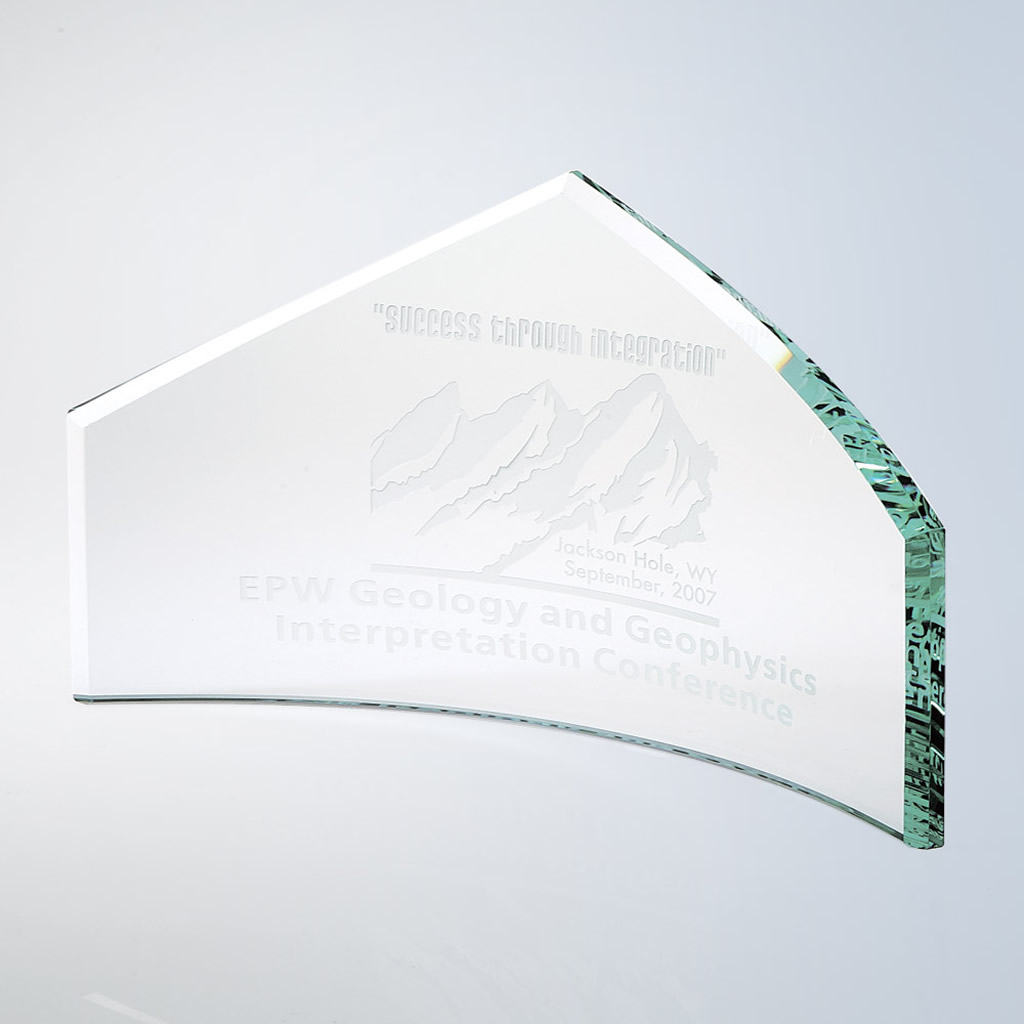 Crystal trophy with beveled peak, mountain etching, and achievement inscription for corporate recognition.