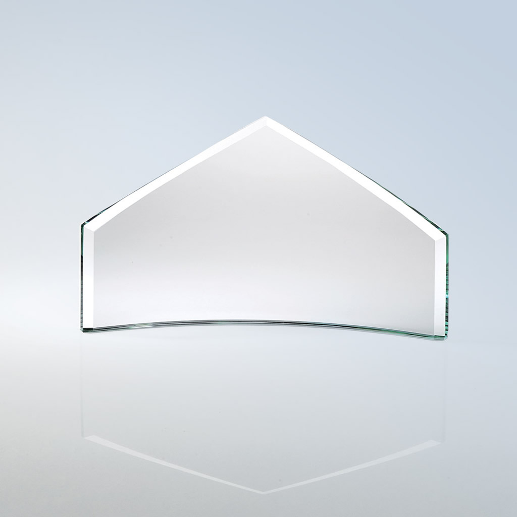 Supreme Beveled Peak crystal trophy, pentagon shape, upright on reflective surface; ideal for corporate recognition awards.