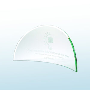 Clear crystal semi-circular trophy with engraved “On the Brink Innovator of the Year,” EZ Time LLC, and lightbulb detail.
