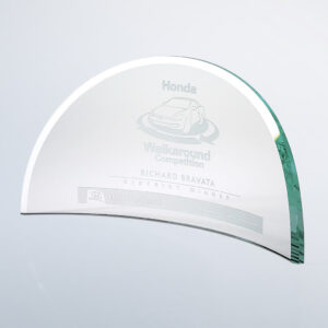 Crystal trophy with car engraving, honoring district winner in Honda Walkaround Competition, clear glass on white background.