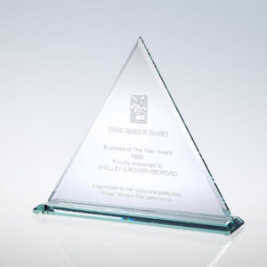 Crystal Triangle Award engraved for Shelley & Roger Redford, 1998 Business of the Year, corporate recognition trophy.