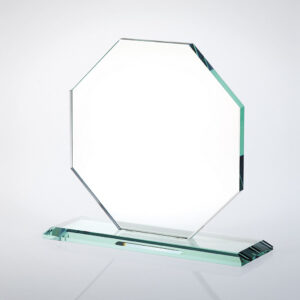 Small octagonal crystal plaque award with slant edge base, ideal for corporate or employee recognition.