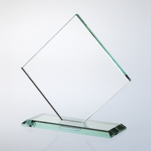 Crystal diamond-shaped plaque trophy on rectangular glass base, ideal for corporate or employee recognition awards.