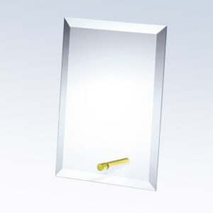 Crystal glass award plaque with beveled edges and gold metal base, ideal for corporate recognition or achievement displays.