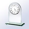 Jade glass arch crystal clock award with white face, black Roman numerals; ideal for employee recognition or corporate milestones.