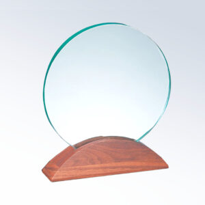 Crystal plaque with moon design on walnut base, ideal for corporate or employee milestone recognition.