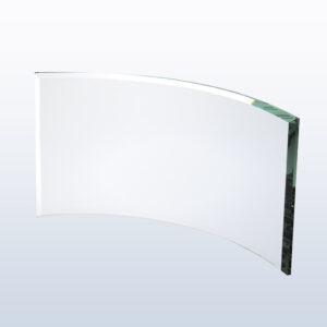 Curved crystal plaque with polished edges, Jade Crescent Award for corporate or employee recognition on light background.