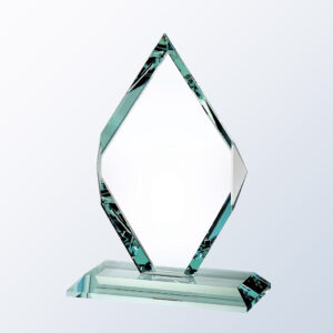 Large diamond-shaped crystal trophy with beveled edges and slanted base, ideal for corporate or employee recognition.