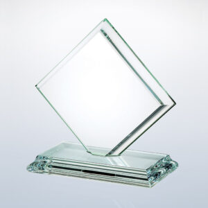 Crystal diamond-shaped award with curved edge base, clear glass, ideal for corporate recognition or achievement.