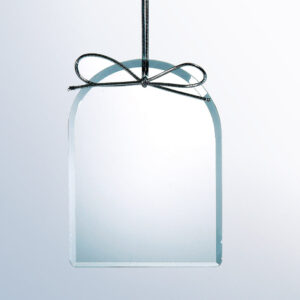 Rectangular crystal plaque award with rounded top on a silver string, ideal for corporate or employee recognition.