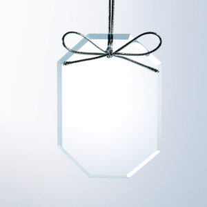 Octagonal crystal trophy with silver bow string, ideal for corporate recognition awards, displayed on a plain gray background.