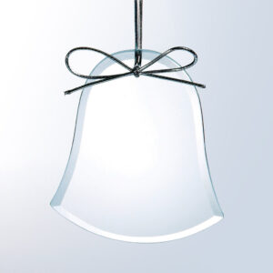 Crystal bell trophy with silver bow on light blue background, ideal for corporate or employee recognition awards.