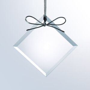 Diamond-shaped crystal trophy suspended by silver bow, ideal corporate or employee milestone award. Clear glass material.